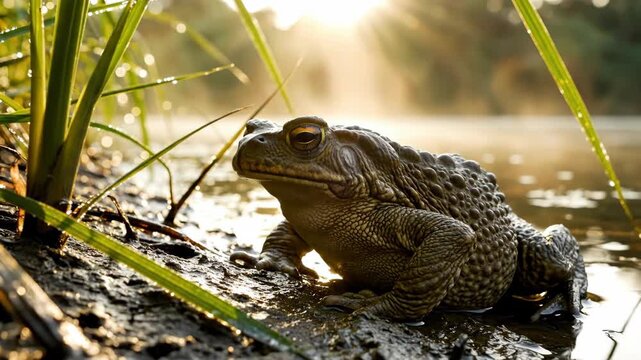Encountering a toad near a tranquil pond on a sunlit morning, amphibious