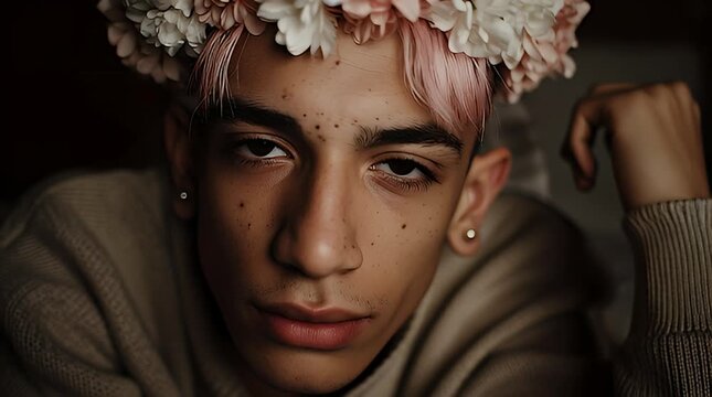 A young man with pink hair and floral crown gazes intensely at the camera in a close-up portrait
