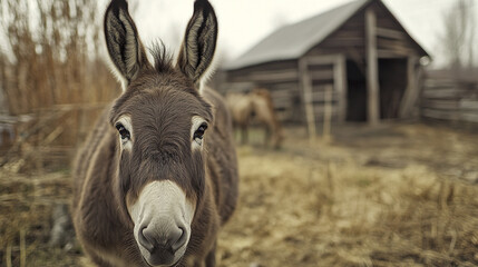 Close up of donkey with large ears standing on farm with wooden barn and another donkey in background, creating calm rural atmosphere