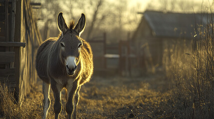 Donkey stands calmly on farm path during golden hour with warm sunlight highlighting its fur and rustic wooden structures in background creating peaceful rural scene