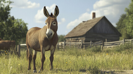 Brown donkey stands in grassy field near rustic wooden barn under partly cloudy sky, creating peaceful rural farm scene with natural light and greenery