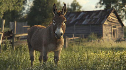Young donkey stands calmly in sunlit grassy field near rustic wooden barn, evoking peaceful rural farm atmosphere with natural light and soft shadows
