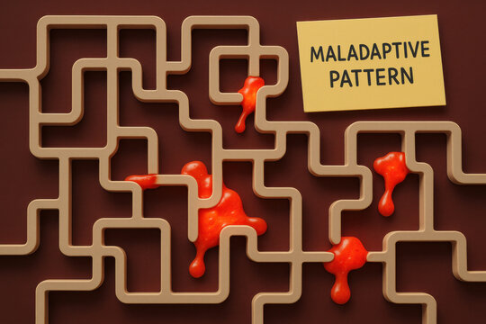Conceptual visualization of maladaptive pattern, showing rigid pathway blocked by problem. This frustrating psychology concept illustrates negative habit loop