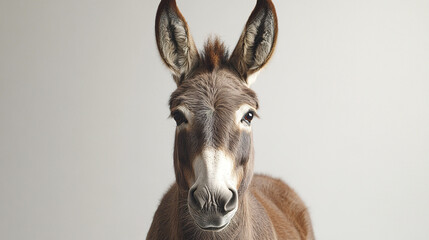 Close up portrait of donkey with long ears and soft fur looking calmly at camera against plain light background, showing its gentle and peaceful expression