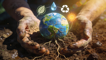 close up of human hands covered in soil planting a small earth globe into the ground with glowing eco icons for renewable energy recycling and water to represent environmental growth