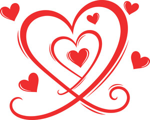 Red heart shapes in a decorative arrangement on a for love and valentines day