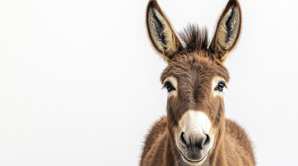 Close up of brown donkey with long floppy ears and gentle expression looking directly at camera against white background, showing soft fur texture and calm eyes