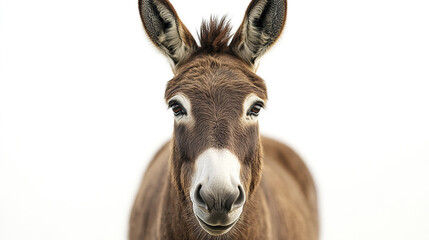 Close up of donkey with long ears and soft brown fur looking gently at camera against white background, showing its expressive eyes and textured coat
