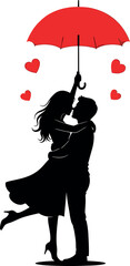 Romantic couple silhouette under red umbrella with hearts floating around
