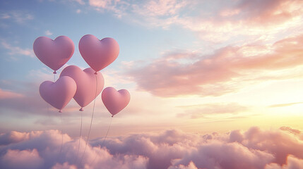 Dreamy pastel sky with heart shaped balloons floating gently above soft clouds during warm sunset, creating romantic and peaceful atmosphere