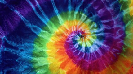 Colorful vibrant tie-dye fabric featuring a mesmerizing spiral pattern with intense hues