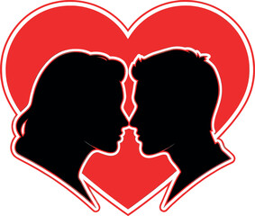 Silhouette of a couple kissing in front of a red heart