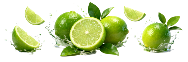 Fresh Limes with Water Splashes and Leaves