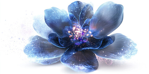 Fantasy inspired glowing flower with bioluminescent petals emitting soft light and sparkles, creating magical and ethereal atmosphere in deep blue and purple hues