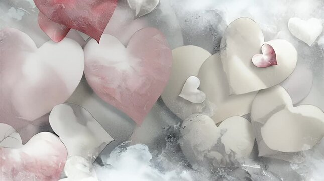 Hearts floating gently in a soft, cloudy environment viewed from above