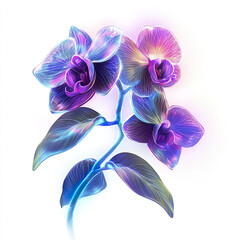 Fantasy inspired orchid with glowing neon petals in vibrant purple and blue hues, featuring delicate veins and luminous ethereal glow that creates magical floral effect