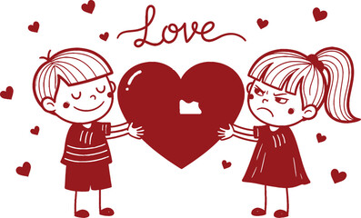 Two cartoon children holding a heart with love written above