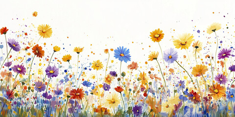 Colorful watercolor painting of wildflowers in various shades of yellow, orange, purple, and blue with splashes of paint on white background, evoking lively and cheerful mood