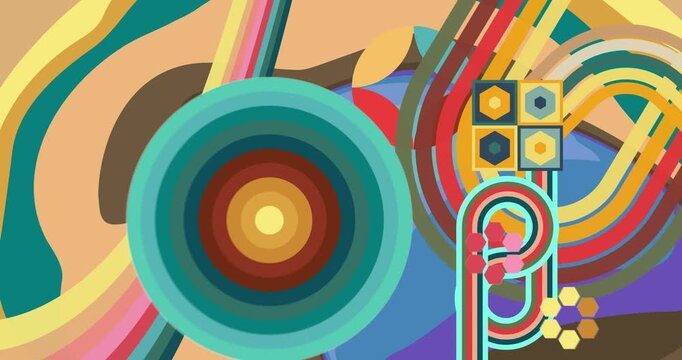 Retro 70s Background animation with Groovy 1970s art video. Minimalistic Vintage design, old-fashioned color artwork.