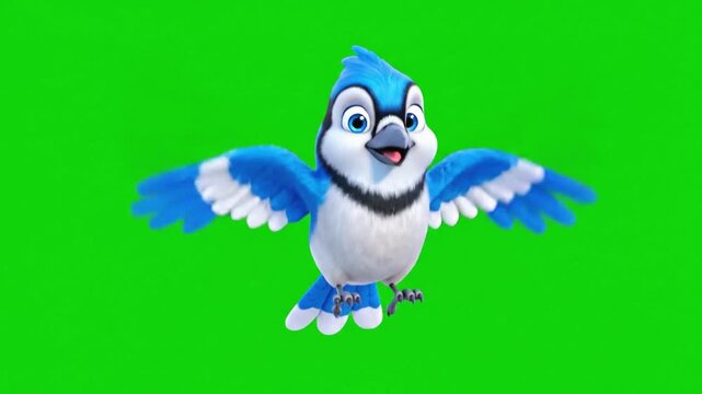A cute cartoon blue jay with white belly and black accents, flapping its wings on a vibrant green screen.