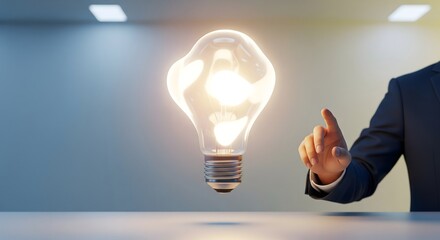 Professional pointing toward a glowing, abstract light bulb floating over a desk, symbolizing innovation, solution, and breakthrough ideas.