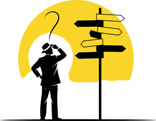 Man in silhouette looking confused at a multi directional signpost with a question mark above his head in front of a yellow sun