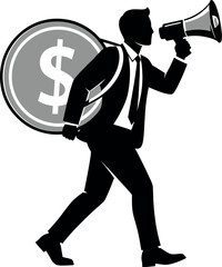 Businessman holding a megaphone and a large dollar coin