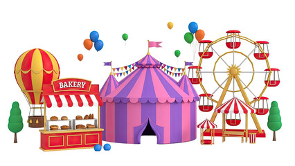 Carnival Scene with Bakery, Ferris Wheel, and Hot Air Balloon