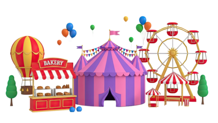 Carnival Scene with Bakery, Ferris Wheel, and Hot Air Balloon