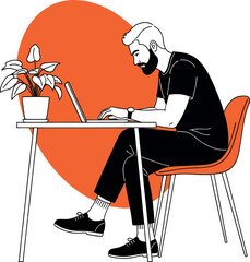 Man sitting at desk working on laptop with plant on table in modern illustration style