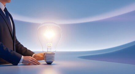 Businessman presenting a brilliant glowing light bulb symbolizing a successful new business idea, set against a modern blue abstract background with ample copy space