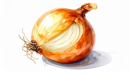 A half onion sliced vertically showing concentric layers with brown skin and white interior.