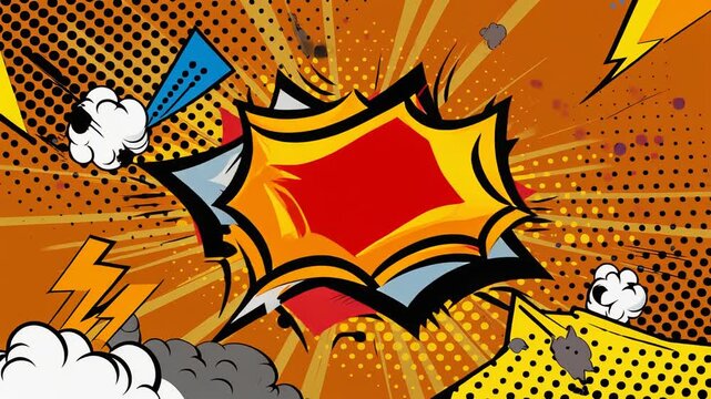 Vibrant comic book style background with explosion speech bubbles and halftone patterns, evoking a retro pop art aesthetic.