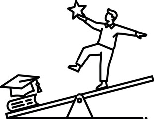 A man balancing on a seesaw with a star in one hand and a graduation cap with books on the other side