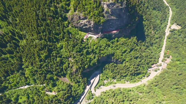 Altindere, Trabzon Province, Turkey. Sumela Monastery. Altindere Valley Park. Coniferous forest on the slopes. Aerial View, HEAD OVER SHOT