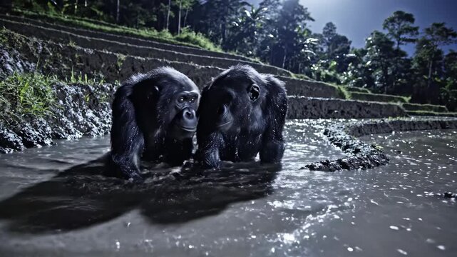 Two curious chimpanzees emerge from murky water in a lush terraced environment