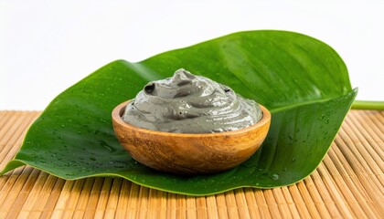 A wooden bowl filled with gray cosmetic clay sits on a green leaf, on bamboo mat