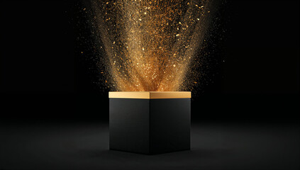 Golden sparkling dust explosion erupting vertically from an open black matte cube box
