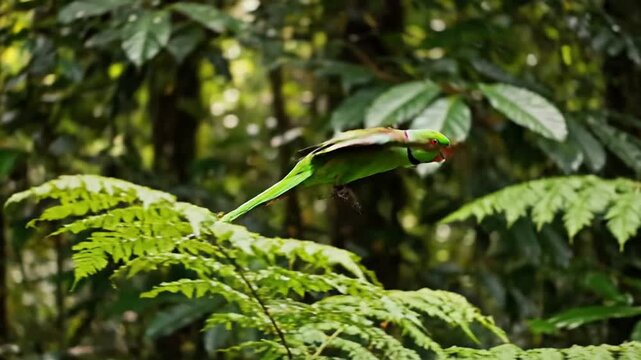 Exotic flight of a Rose-ringed Parakeet through lush tropical rainforest canopy during daylight