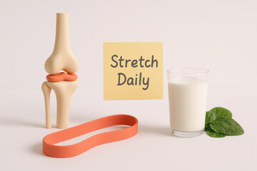Medical health concept for joint and bone care. daily stretch reminder with resistance band for mobility, plus calcium rich milk for strong bones and overall wellness