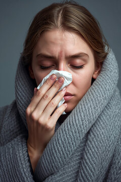 Woman wrapped in a gray blanket blowing her nose with a tissue due to illness.
