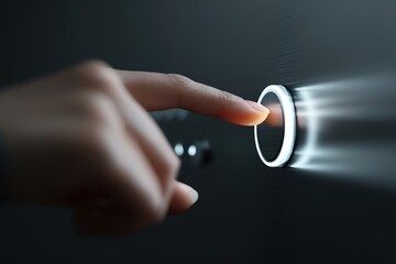 A close-up of a finger pressing a modern, illuminated button on a sleek surface.