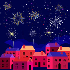 New Year celebration illustration with colorful fireworks over a night cityscape.