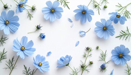 Overhead view of light blue cosmos flowers, buds, and green sprigs on a white background