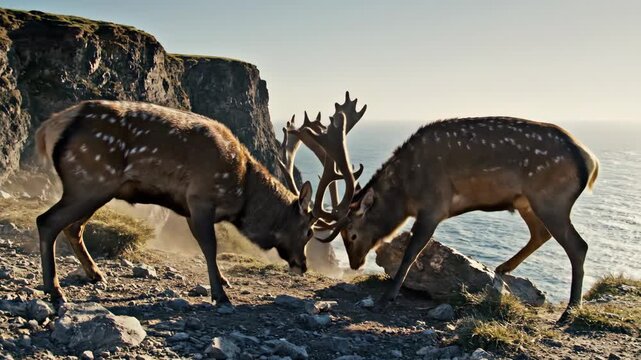 Epic clash of wild fallow deer battling antlers atop a rugged coastal cliff