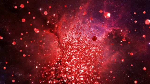 Abstract cosmic scene with a vibrant red nebula and numerous glowing spheres scattered across a dark background.