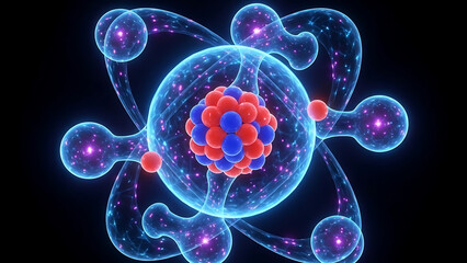 Abstract glowing atomic structure with subatomic particles and energy trails, symbolizing scientific research.