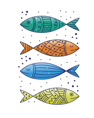 Decorative fish illustrations in a playful flat style, featuring bold outlines, geometric patterns, and vibrant colors on a clean white background.