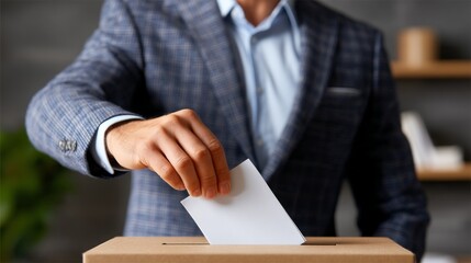 A man dressed in a formal suit leans forward to drop his ballot into a ballot box, demonstrating civic engagement and the importance of voting