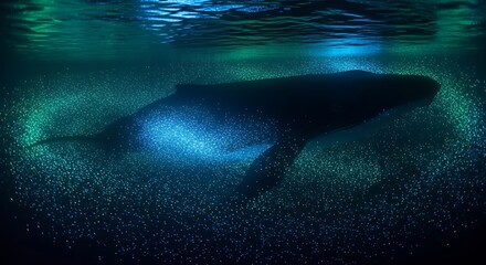 Mysterious Underwater Silhouette of a Majestic Whale in Deep Ocean.